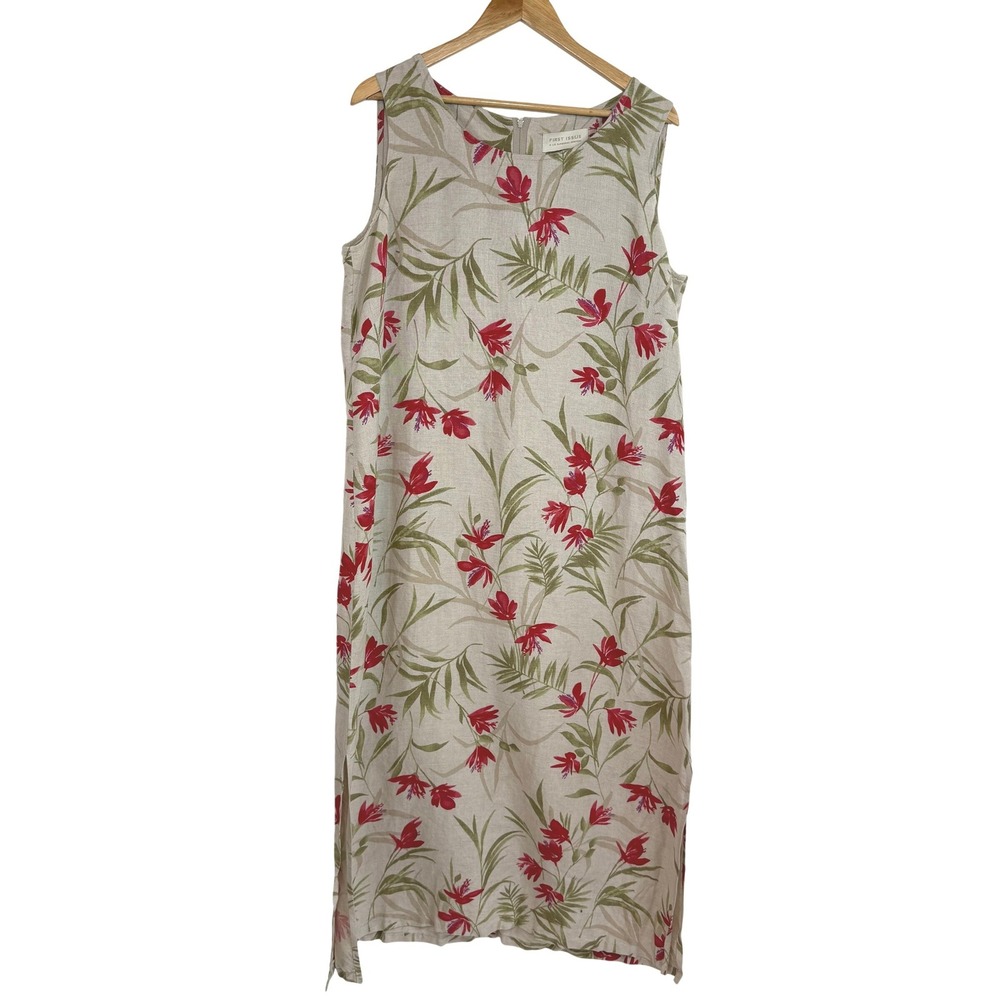First Issue Liz‎ Claiborne Linen Floral Midi Dress Sz 18 Beige Red Tropical 90s